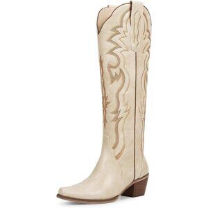 Women's Matte Beige Knee High Cowgirl Tall Boots with Classic Retro Embroidered